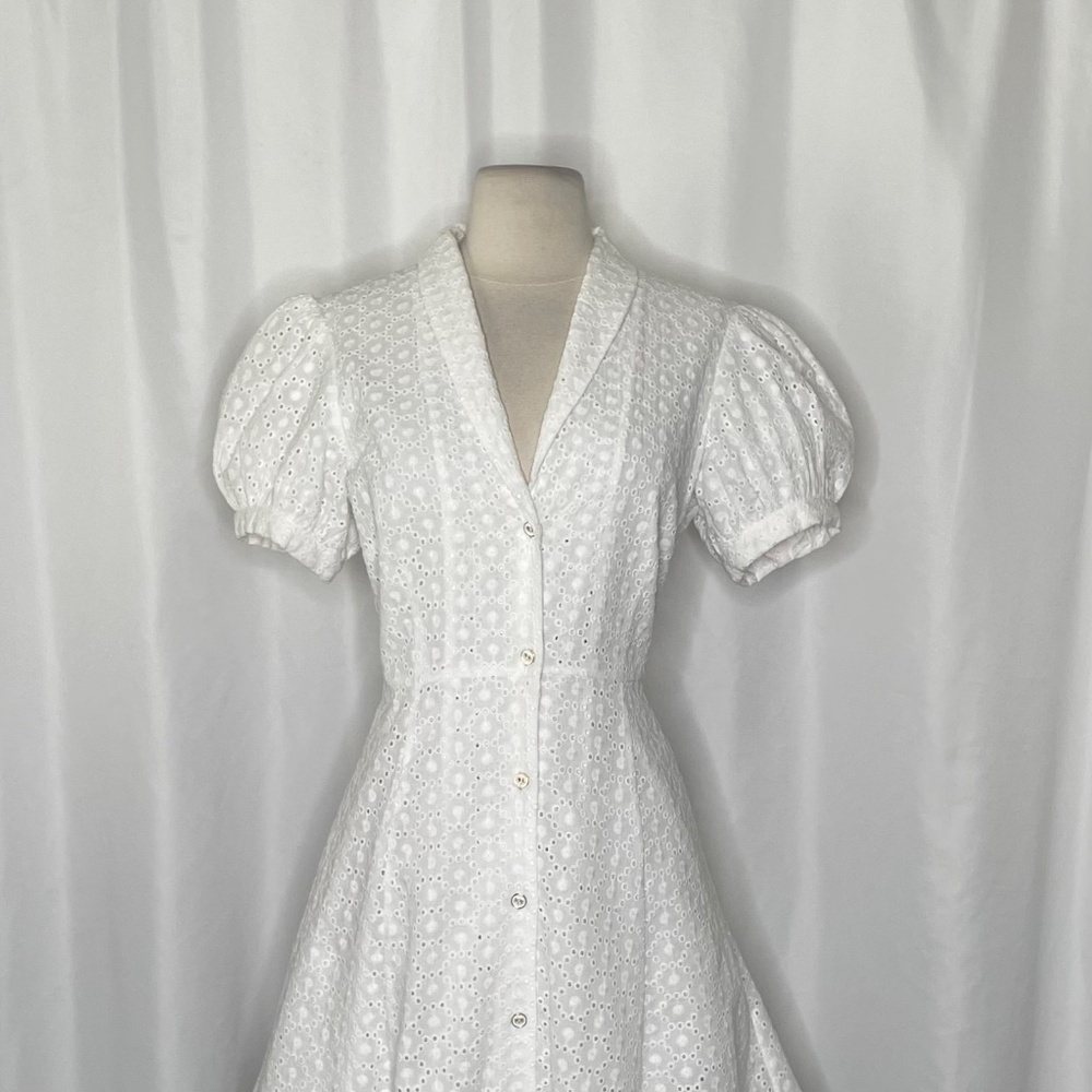 CAROLINE CONSTAS Bel Buttoned Cotton Mini Dress White Eyelet Bridal Shower Small - Picture 4 of 16